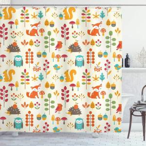 Ambesonne Cartoon Shower Curtain, Autumn Pattern Owl Fox Squirrel Birds Animal Leaves Print, Cloth Fabric Bathroom Decor Set with Hooks, 69″ W x 75″ L, Cream Multicolor
