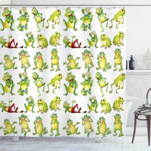 Ambesonne Cartoon Shower Curtain, Frogs in Different Positions Funny Happy Expressions Faces Toads, Cloth Fabric Bathroom Decor Set with Hooks, 69″ W x 70″ L, Green Yellow Red