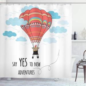 Ambesonne Cartoon Shower Curtain, Inspirational Words Say Yes to New Adventures Hand Drawn Hot Air Balloon, Cloth Fabric Bathroom Decor Set with Hooks, 69″ W x 70″ L, Coral Sky Blue