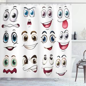 Ambesonne Cartoon Shower Curtain, Smiling Face and Cartoon Hand Drawing Image with Positive Face Expressions, Cloth Fabric Bathroom Decor Set with Hooks, 69″ W x 70″ L, Multicolor