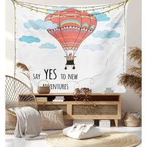 Ambesonne Cartoon Tapestry, Inspirational Words Say Yes to New Adventures Hand Drawn Hot Air Balloon, Fabric Wall Hanging Decor for Bedroom Living Room Dorm, 45″ X 30″, Mint Pink