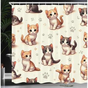 Ambesonne Cat Shower Curtain, Little Fun Kittens Cartoon Animal Characters with Muted Colored Paws, Cloth Fabric Bathroom Decor Set with Hooks, 69″ W x 70″ L, Ivory Apricot and Dark Grey