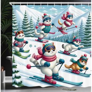 Ambesonne Cat Shower Curtain, Winter Themed Cartoon of Skiing Kitty Friends Snowy Mountain Pine Trees, Cloth Fabric Bathroom Decor Set with Hooks, 69″ W x 70″ L, Pale Blue Raspberry White