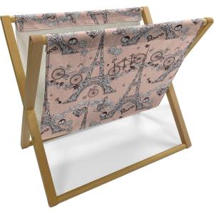 Ambesonne Eiffel Magazine and Book Holder, Romantic Valentines Day Eiffel Tower City of Love Doodle Style Heart Shapes, Floor Rack Decor for Interior of Home & Office, 22″ x 19″, Maroon White Tan(Pale Salmon Black White)