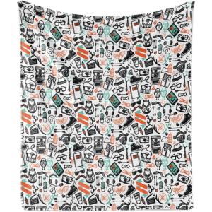 Ambesonne Indie Throw Blanket, Hipster Fashion Themed Pattern Clothing Accessories and Sketchy Art, Flannel Fleece Accent Piece Soft Couch Cover for Adults, 60″ x 80″, Seafoam Orange Black(Seafoam Orange Black)