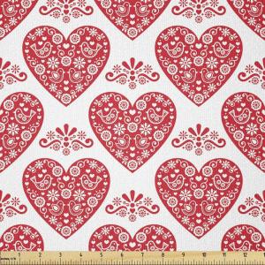 Ambesonne Norwegian Fabric by The Yard, Heart Shapes with Floral and Bird Motifs Valentine’s Day Themed Print, Stretch Knit Fabric for Clothing Sewing and Arts Crafts, 5 Yards, Vermilion and White(Vermilion and White)
