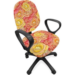 Ambesonne Pale Pink Office Chair Slipcover, Romantic Roses Garden Illustration Nature Inspired Valentine’s Day Themed, Protective Stretch Decorative Fabric Cover, Yellow Coral Pink