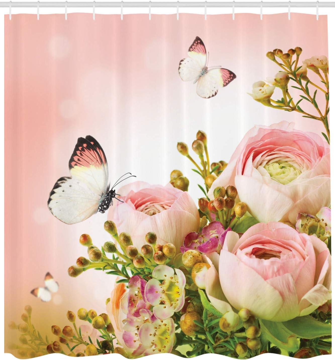 imageAmbesonne Butterfly Shower Curtain Pastel Colored Blossoming Roses with Spring Season Insects Romantic Feminine Cloth Fabric Bathroom Decor Set with Hooks 69 W x 75 L Rose Fern Green