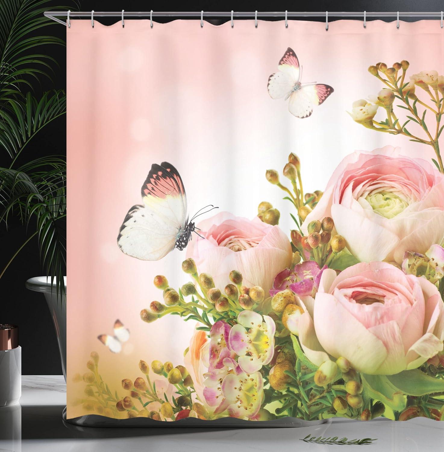 imageAmbesonne Butterfly Shower Curtain Pastel Colored Blossoming Roses with Spring Season Insects Romantic Feminine Cloth Fabric Bathroom Decor Set with Hooks 69 W x 75 L Rose Fern Green