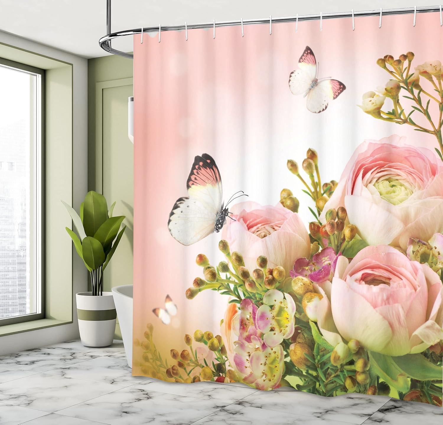 imageAmbesonne Butterfly Shower Curtain Pastel Colored Blossoming Roses with Spring Season Insects Romantic Feminine Cloth Fabric Bathroom Decor Set with Hooks 69 W x 75 L Rose Fern Green