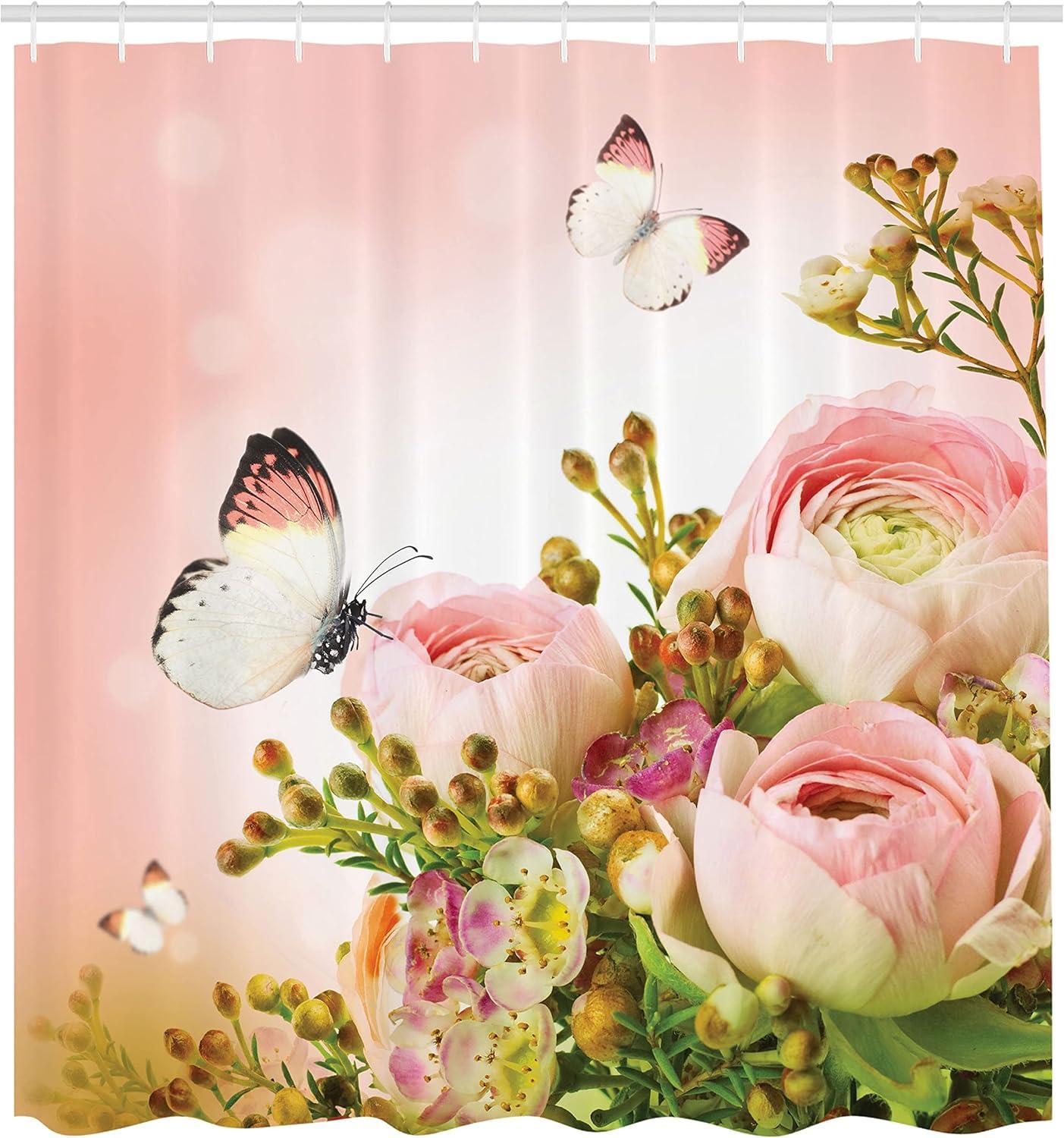 imageAmbesonne Butterfly Shower Curtain Pastel Colored Blossoming Roses with Spring Season Insects Romantic Feminine Cloth Fabric Bathroom Decor Set with Hooks 69 W x 84 L Rose Fern Green