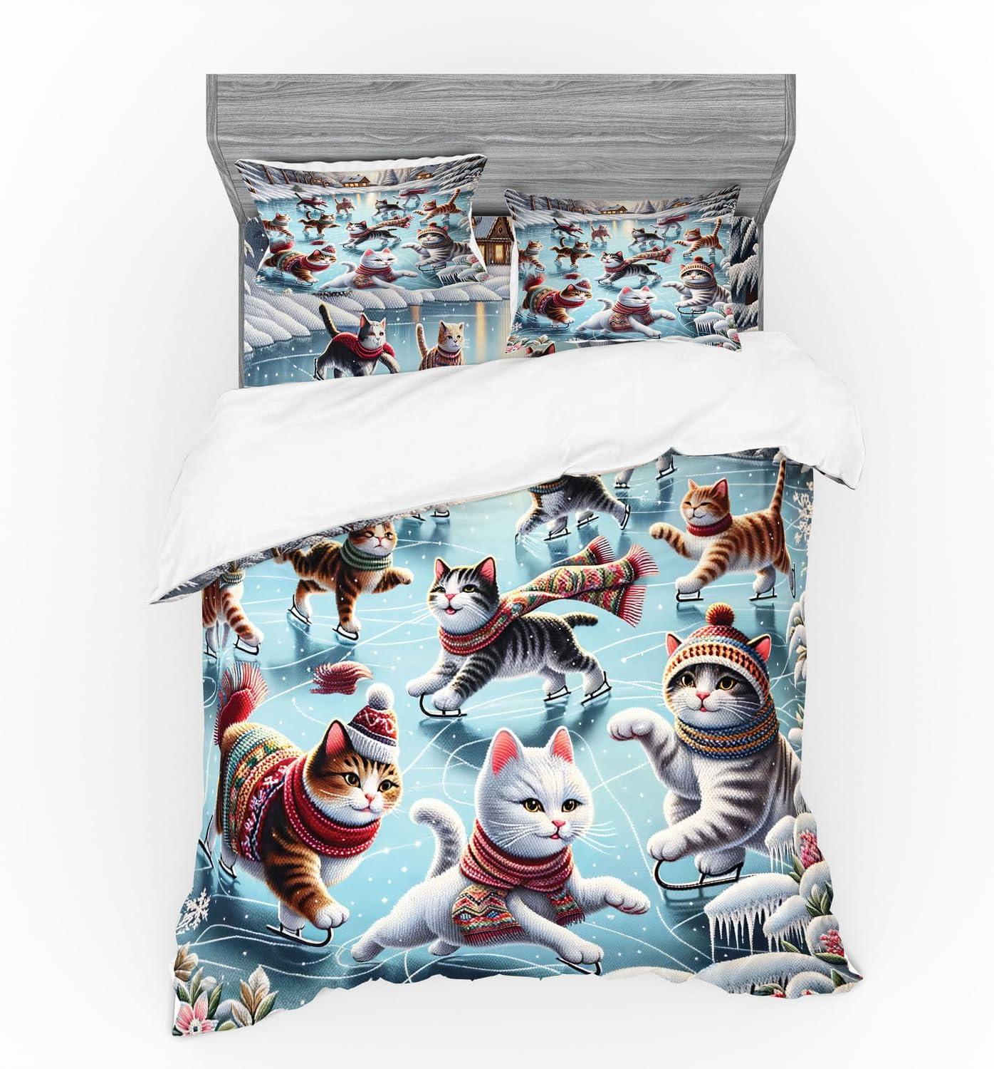 imageAmbesonne Cat Bedding Set Romantic Date Night of Kitties Drinking Milkshake Cozy Night Scene Valentines 4 Piece Duvet Cover Set with Shams and Fitted Sheet Queen Size Dark Blue ApricotSoft Blue Burnt Orange