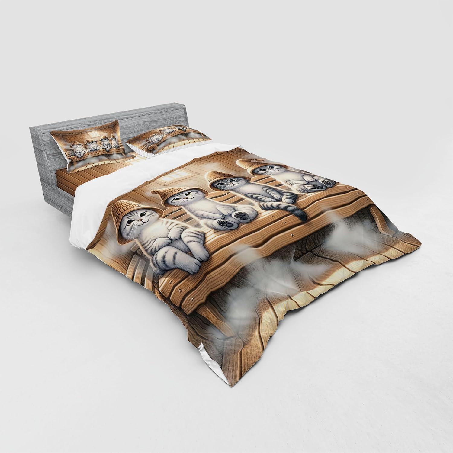 imageAmbesonne Cat Bedding Set Romantic Date Night of Kitties Drinking Milkshake Cozy Night Scene Valentines 4 Piece Duvet Cover Set with Shams and Fitted Sheet Queen Size Dark Blue ApricotPastel Brown and Pale Grey