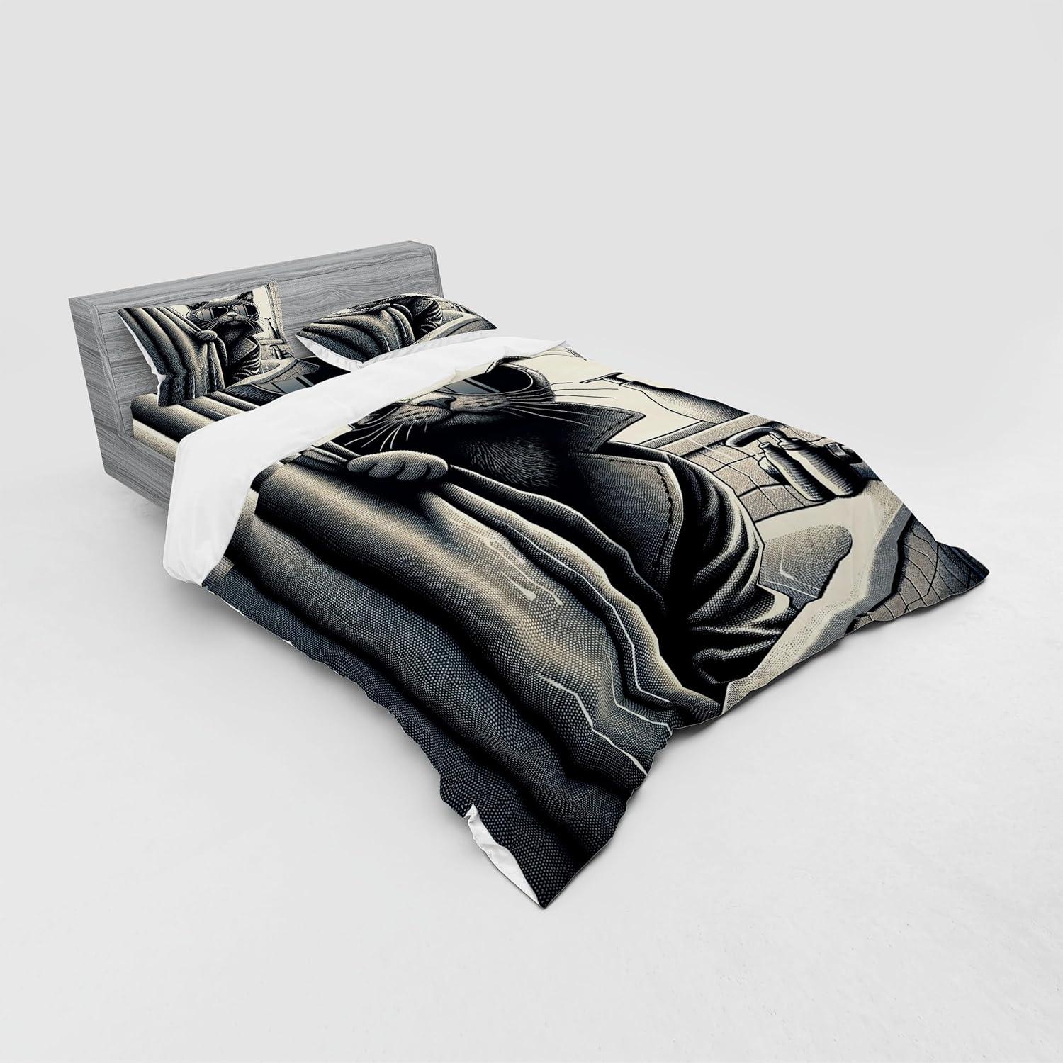 imageAmbesonne Cat Bedding Set Romantic Date Night of Kitties Drinking Milkshake Cozy Night Scene Valentines 4 Piece Duvet Cover Set with Shams and Fitted Sheet Queen Size Dark Blue ApricotDark Grey Pale Sepia