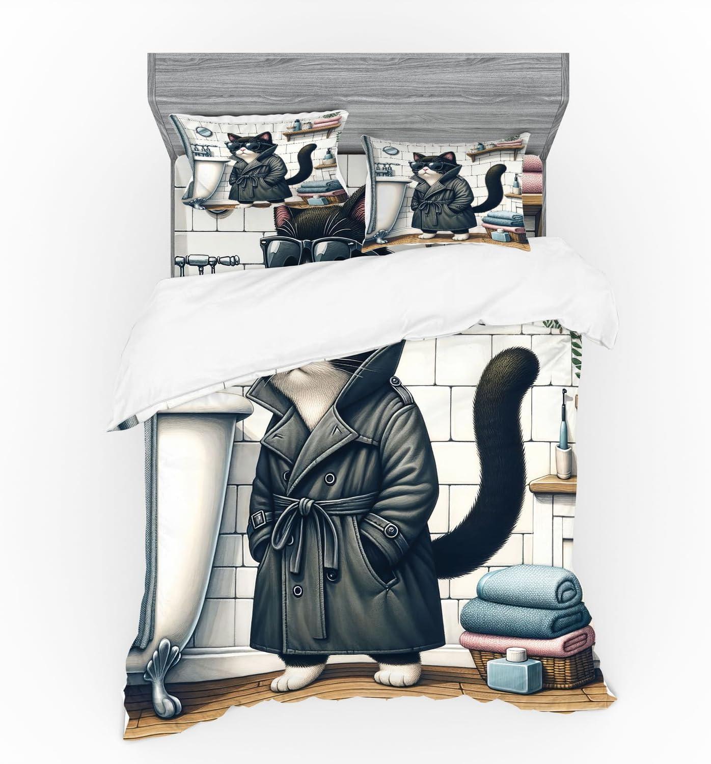 imageAmbesonne Cat Bedding Set Romantic Date Night of Kitties Drinking Milkshake Cozy Night Scene Valentines 4 Piece Duvet Cover Set with Shams and Fitted Sheet Queen Size Dark Blue ApricotCharcoal Grey White