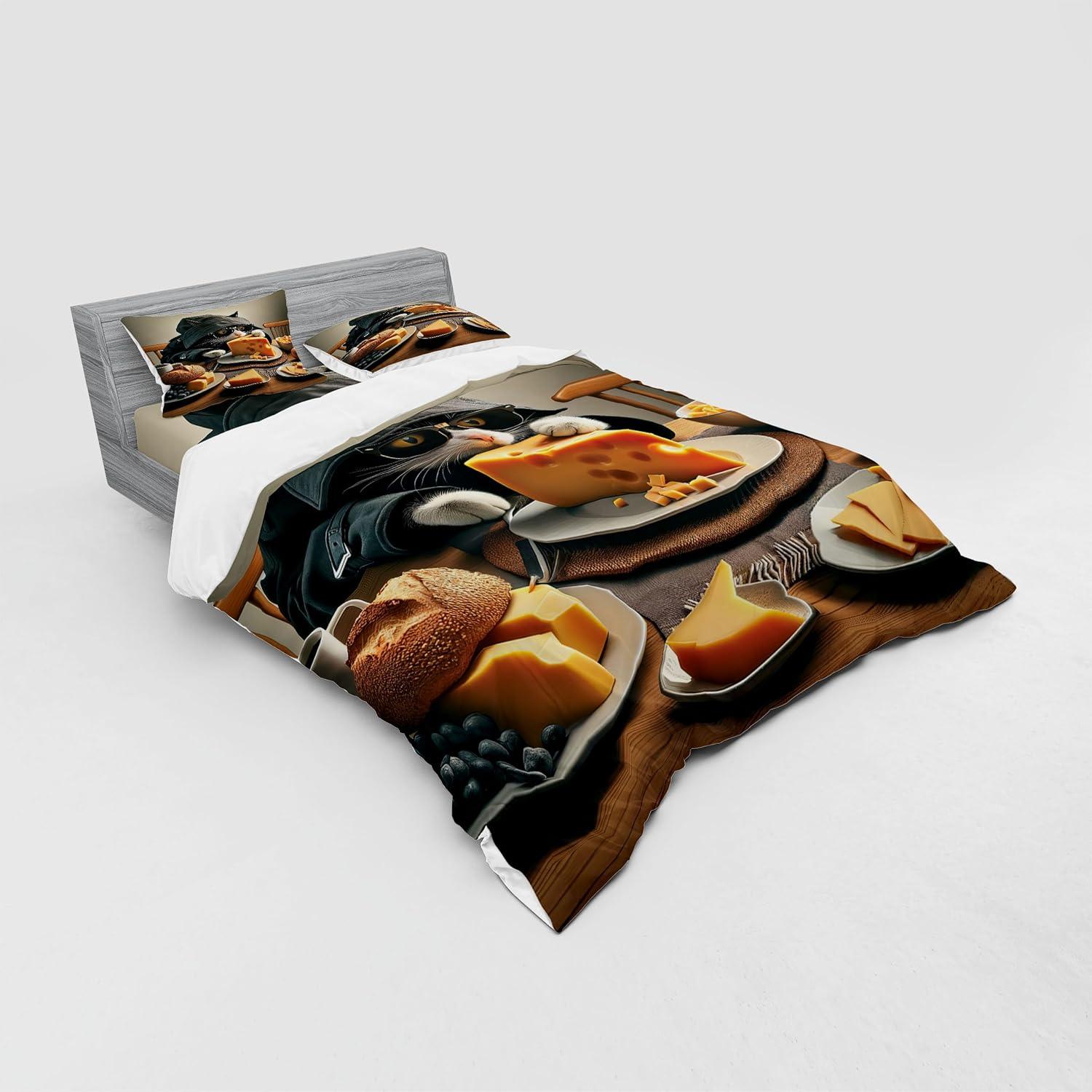 imageAmbesonne Cat Bedding Set Romantic Date Night of Kitties Drinking Milkshake Cozy Night Scene Valentines 4 Piece Duvet Cover Set with Shams and Fitted Sheet Queen Size Dark Blue ApricotMarigold and Charcoal Grey