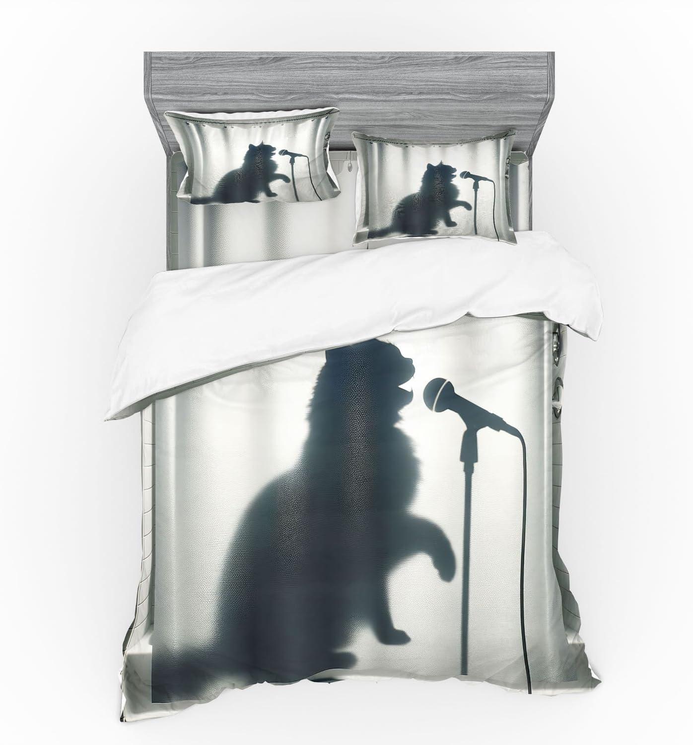imageAmbesonne Cat Bedding Set Romantic Date Night of Kitties Drinking Milkshake Cozy Night Scene Valentines 4 Piece Duvet Cover Set with Shams and Fitted Sheet Queen Size Dark Blue ApricotDark Blue Grey Off White