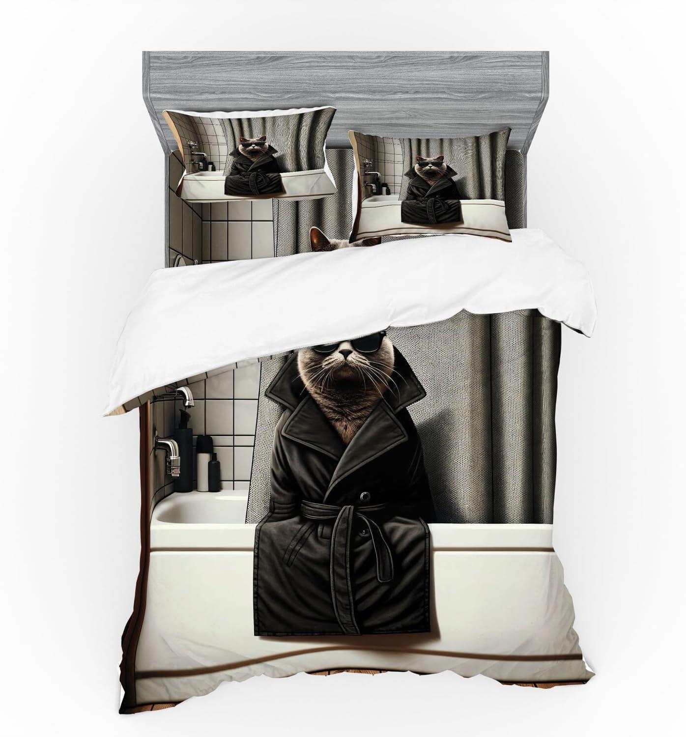 imageAmbesonne Cat Bedding Set Romantic Date Night of Kitties Drinking Milkshake Cozy Night Scene Valentines 4 Piece Duvet Cover Set with Shams and Fitted Sheet Queen Size Dark Blue ApricotGrey and Charcoal Grey