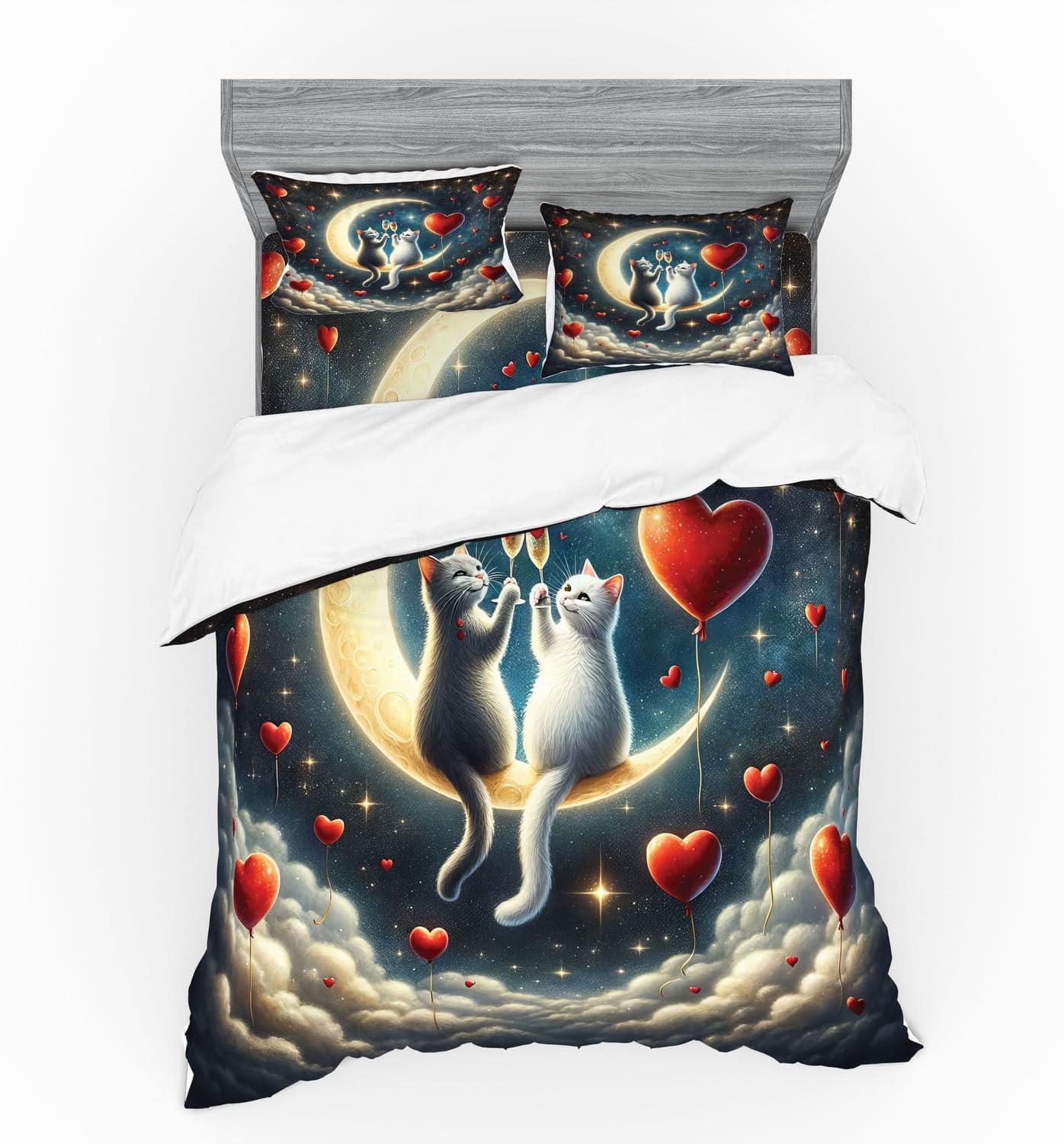 imageAmbesonne Cat Bedding Set Romantic Date Night of Kitties Drinking Milkshake Cozy Night Scene Valentines 4 Piece Duvet Cover Set with Shams and Fitted Sheet Queen Size Dark Blue ApricotDark Night Blue Vermilion