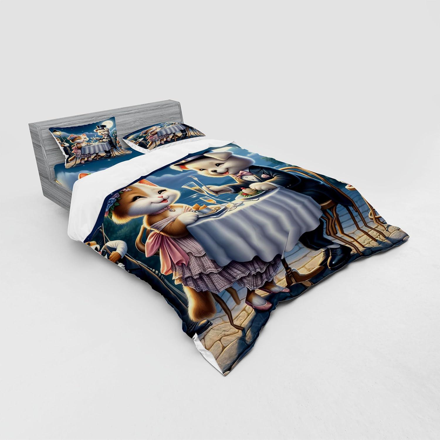 imageAmbesonne Cat Bedding Set Romantic Date Night of Kitties Drinking Milkshake Cozy Night Scene Valentines 4 Piece Duvet Cover Set with Shams and Fitted Sheet Queen Size Dark Blue ApricotNight Blue Rose Apricot