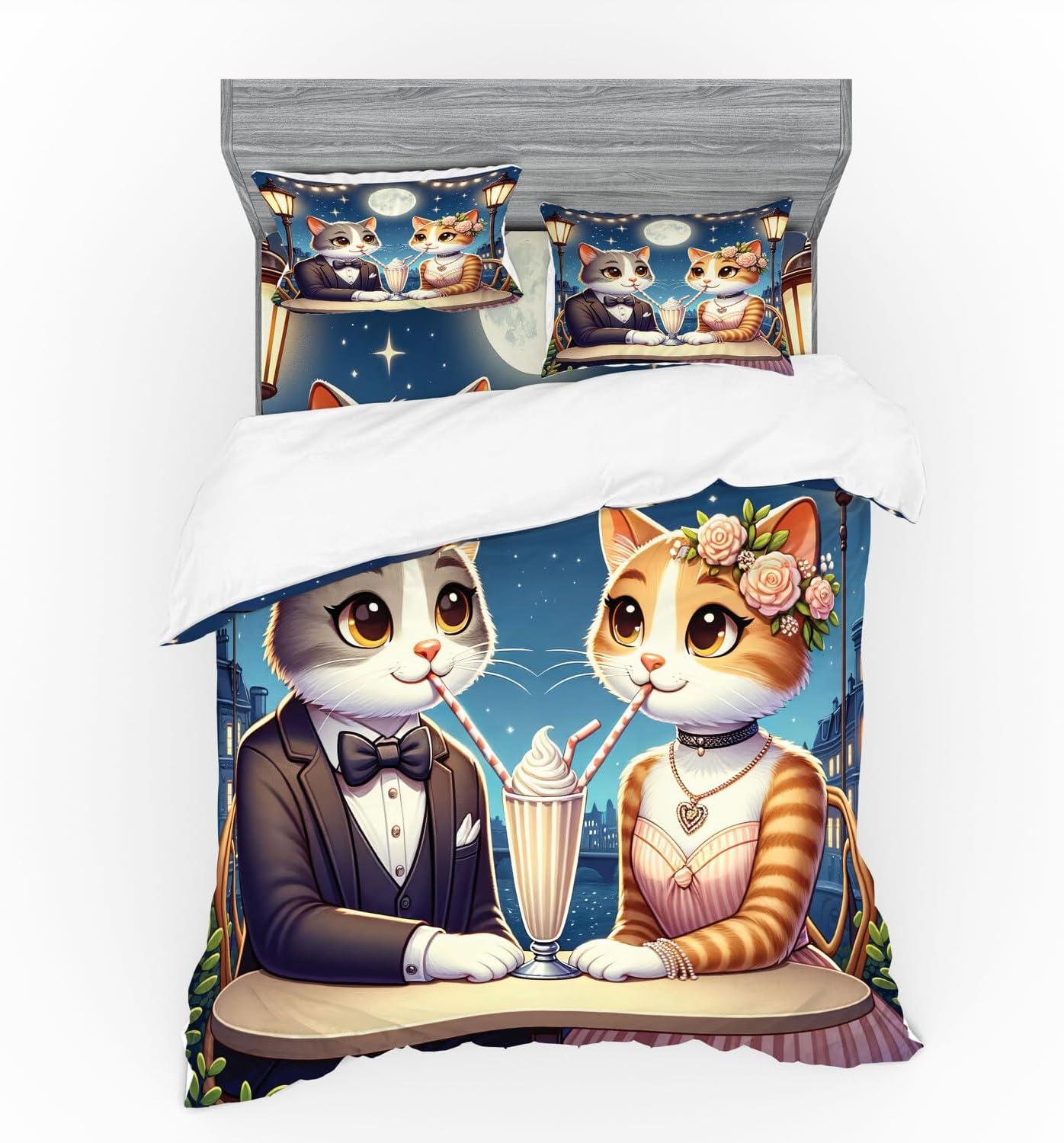 imageAmbesonne Cat Bedding Set Romantic Date Night of Kitties Drinking Milkshake Cozy Night Scene Valentines 4 Piece Duvet Cover Set with Shams and Fitted Sheet Queen Size Dark Blue ApricotDark Blue Apricot