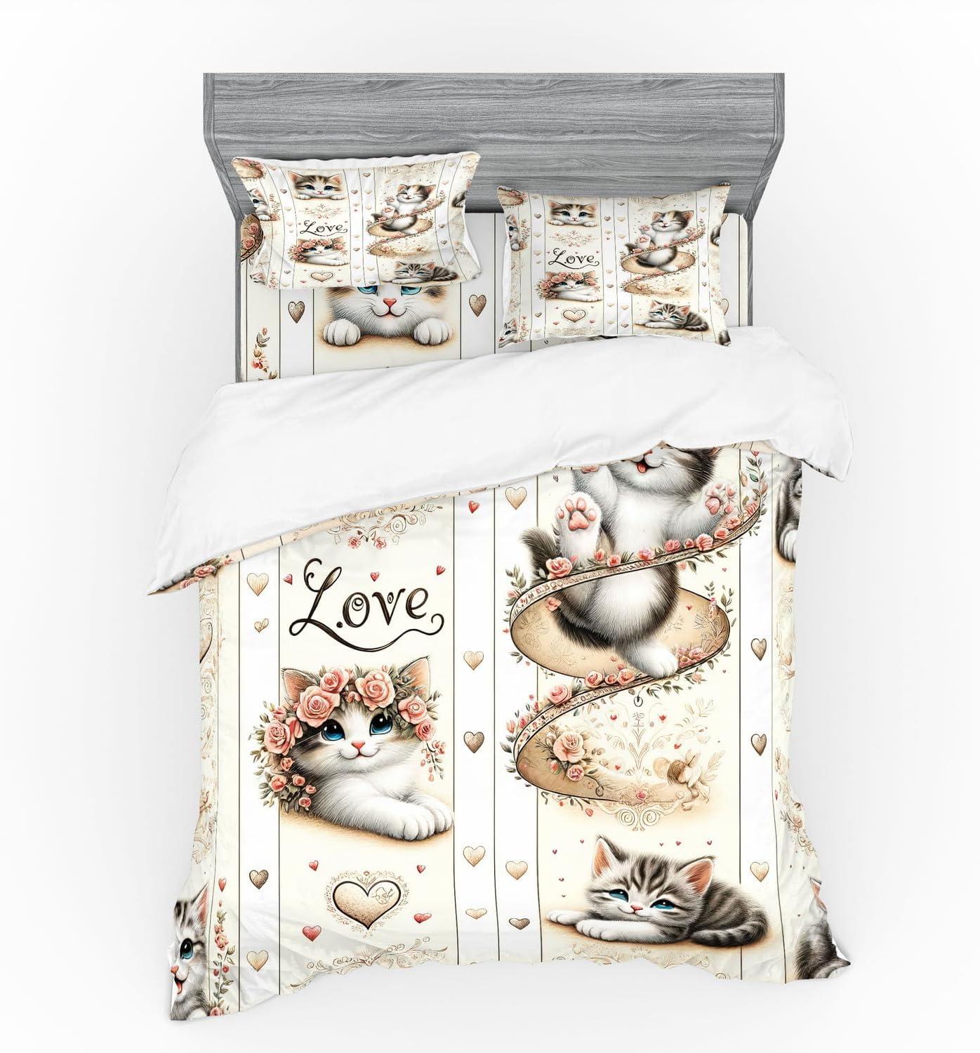 imageAmbesonne Cat Bedding Set Romantic Date Night of Kitties Drinking Milkshake Cozy Night Scene Valentines 4 Piece Duvet Cover Set with Shams and Fitted Sheet Queen Size Dark Blue ApricotIvory Pale Brown Grey