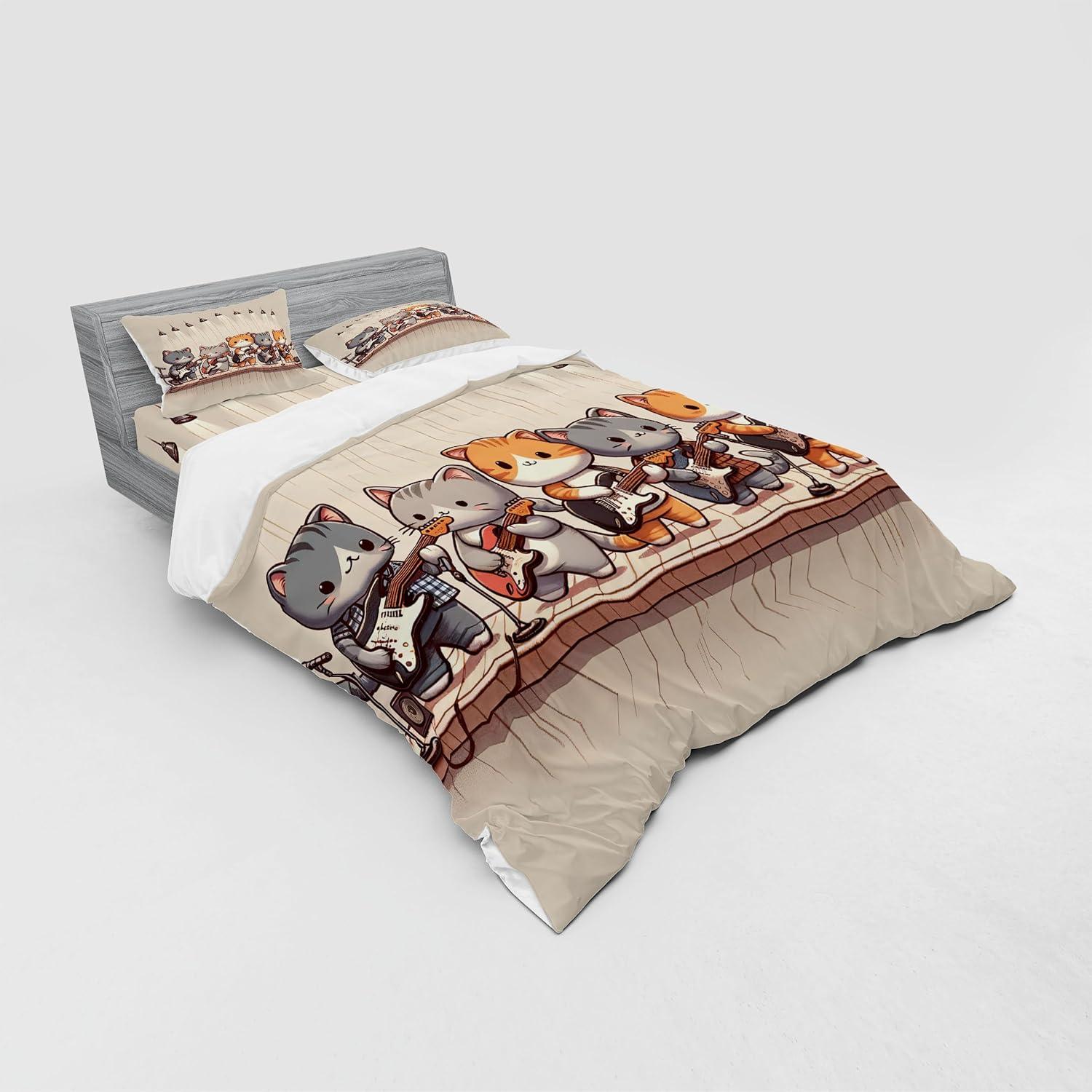imageAmbesonne Cat Bedding Set Romantic Date Night of Kitties Drinking Milkshake Cozy Night Scene Valentines 4 Piece Duvet Cover Set with Shams and Fitted Sheet Queen Size Dark Blue ApricotGrey Orange and Pale Tan