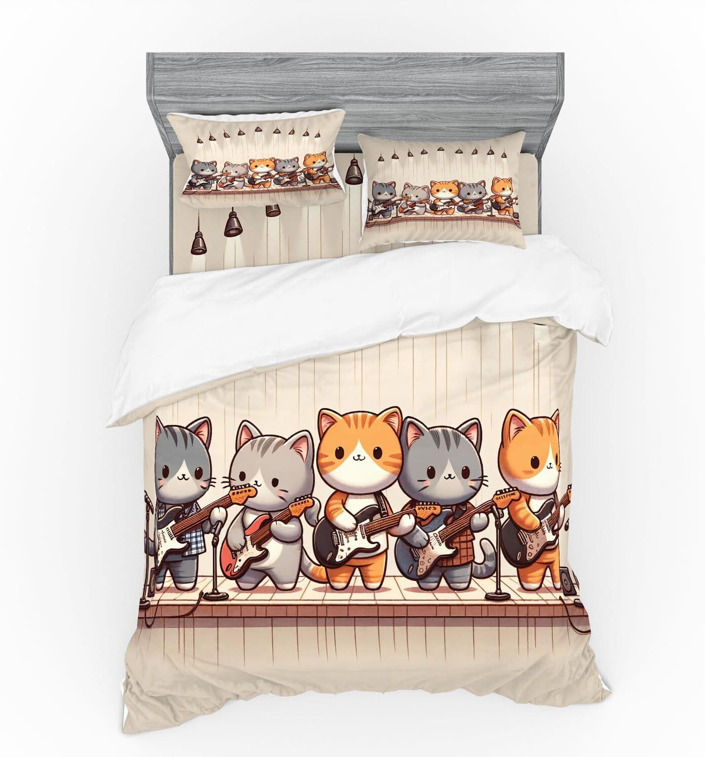 imageAmbesonne Cat Bedding Set Romantic Date Night of Kitties Drinking Milkshake Cozy Night Scene Valentines 4 Piece Duvet Cover Set with Shams and Fitted Sheet Queen Size Dark Blue ApricotGrey Orange and Pale Tan