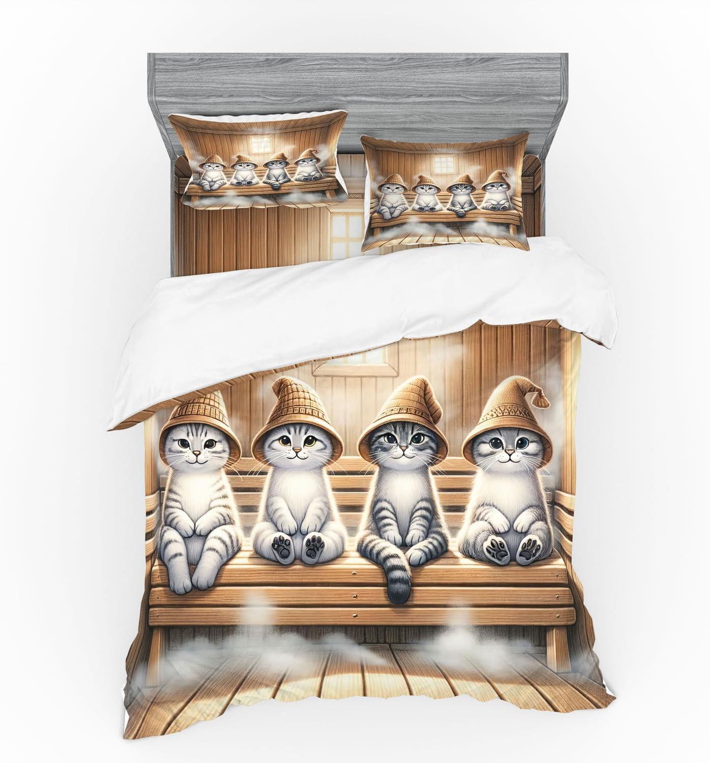 imageAmbesonne Cat Bedding Set Romantic Date Night of Kitties Drinking Milkshake Cozy Night Scene Valentines 4 Piece Duvet Cover Set with Shams and Fitted Sheet Queen Size Dark Blue ApricotPastel Brown and Pale Grey