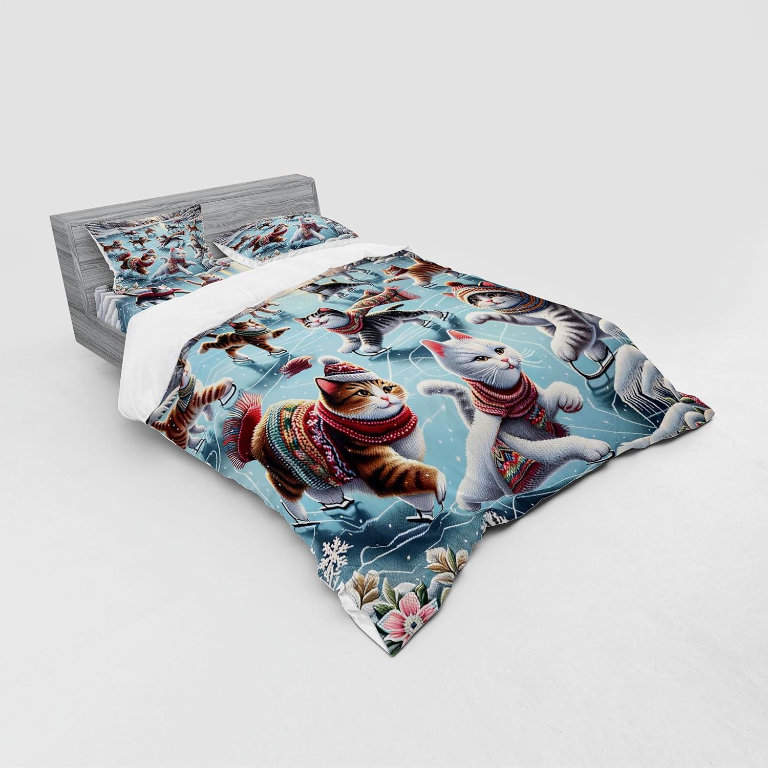 imageAmbesonne Cat Bedding Set Romantic Date Night of Kitties Drinking Milkshake Cozy Night Scene Valentines 4 Piece Duvet Cover Set with Shams and Fitted Sheet Queen Size Dark Blue ApricotSoft Blue Burnt Orange