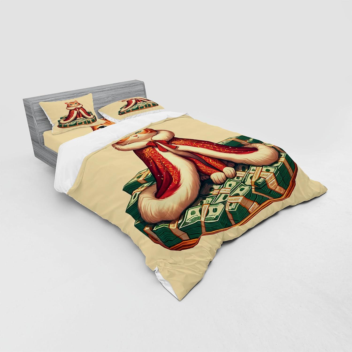 imageAmbesonne Cat Bedding Set Romantic Date Night of Kitties Drinking Milkshake Cozy Night Scene Valentines 4 Piece Duvet Cover Set with Shams and Fitted Sheet Queen Size Dark Blue ApricotCream Hunter Green and Orange