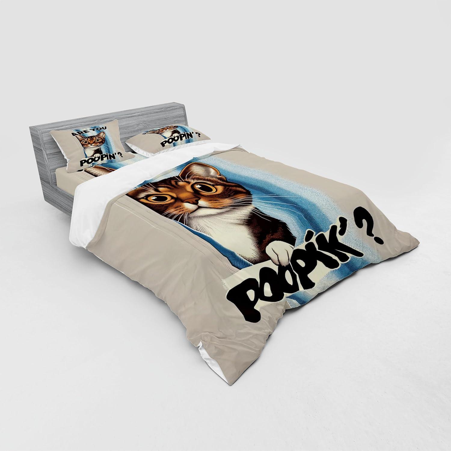 imageAmbesonne Cat Bedding Set Romantic Date Night of Kitties Drinking Milkshake Cozy Night Scene Valentines 4 Piece Duvet Cover Set with Shams and Fitted Sheet Queen Size Dark Blue ApricotBlue Coconut Chocolate