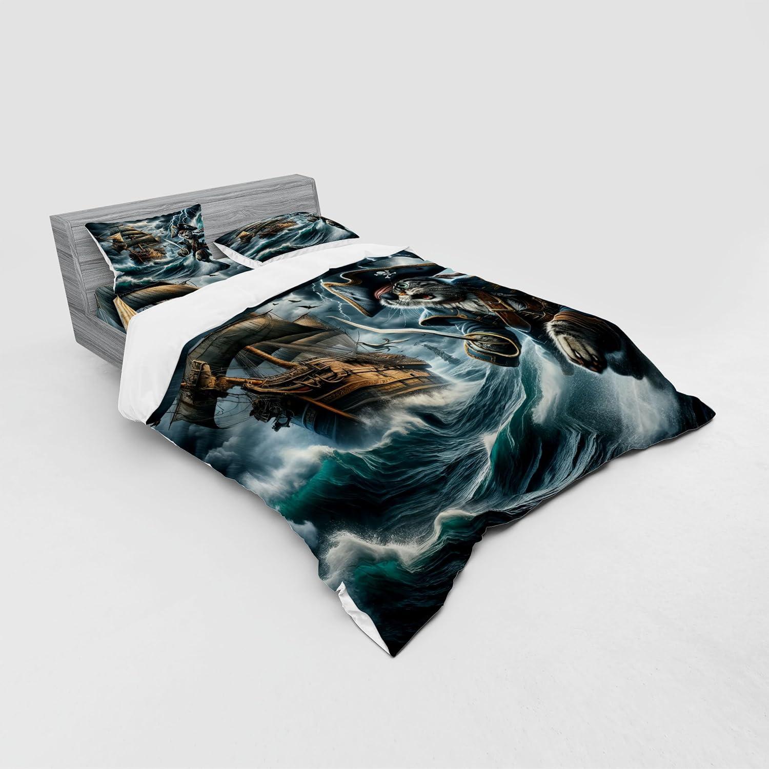 imageAmbesonne Cat Bedding Set Romantic Date Night of Kitties Drinking Milkshake Cozy Night Scene Valentines 4 Piece Duvet Cover Set with Shams and Fitted Sheet Queen Size Dark Blue ApricotDark Slate Blue and Amber