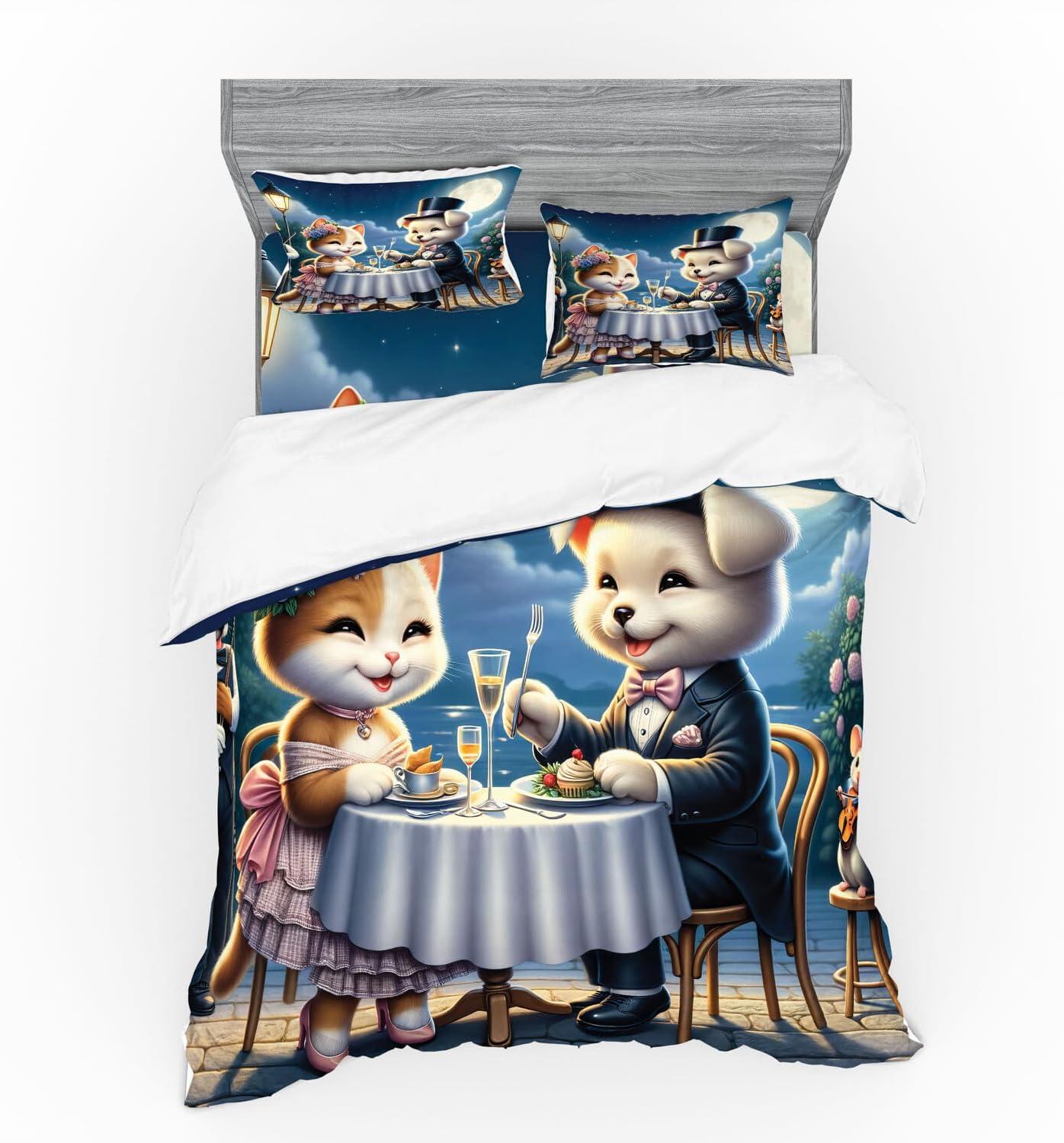 imageAmbesonne Cat Bedding Set Romantic Date Night of Kitties Drinking Milkshake Cozy Night Scene Valentines 4 Piece Duvet Cover Set with Shams and Fitted Sheet Queen Size Dark Blue ApricotNight Blue Rose Apricot