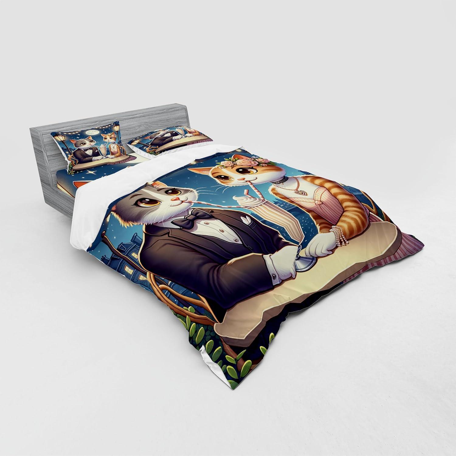 imageAmbesonne Cat Bedding Set Romantic Date Night of Kitties Drinking Milkshake Cozy Night Scene Valentines 4 Piece Duvet Cover Set with Shams and Fitted Sheet Queen Size Dark Blue ApricotDark Blue Apricot