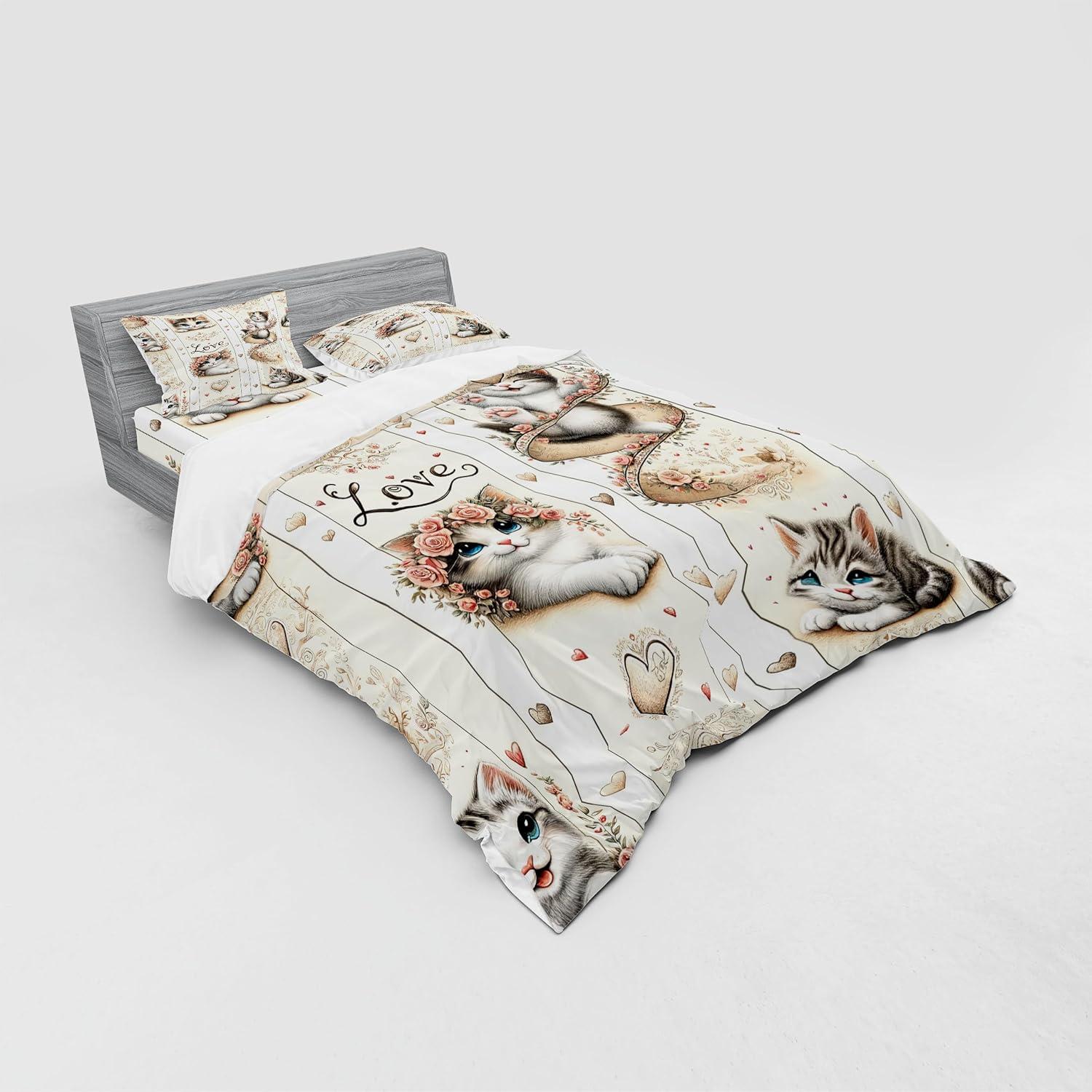 imageAmbesonne Cat Bedding Set Romantic Date Night of Kitties Drinking Milkshake Cozy Night Scene Valentines 4 Piece Duvet Cover Set with Shams and Fitted Sheet Queen Size Dark Blue ApricotIvory Pale Brown Grey