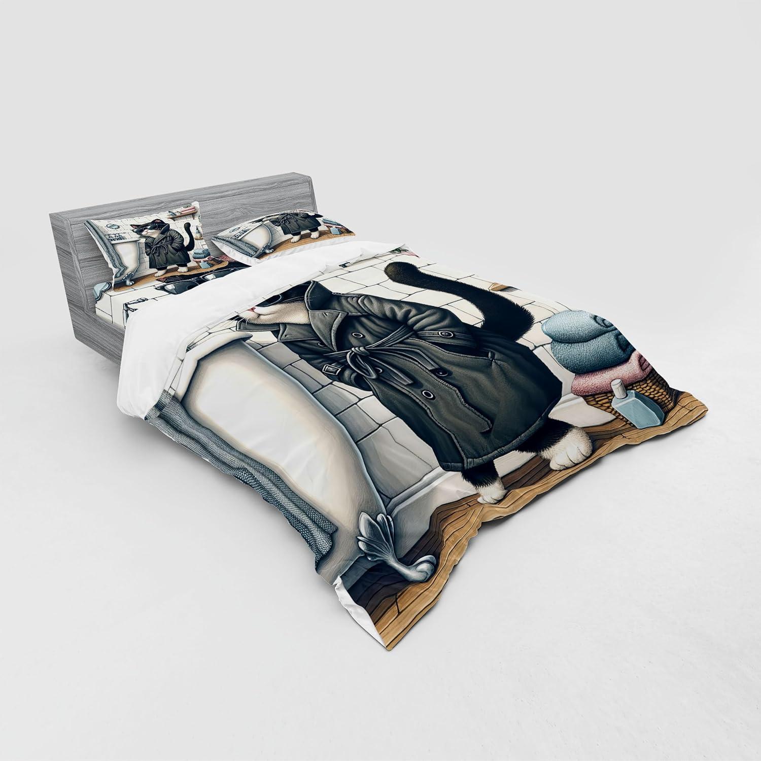 imageAmbesonne Cat Bedding Set Romantic Date Night of Kitties Drinking Milkshake Cozy Night Scene Valentines 4 Piece Duvet Cover Set with Shams and Fitted Sheet Queen Size Dark Blue ApricotCharcoal Grey White