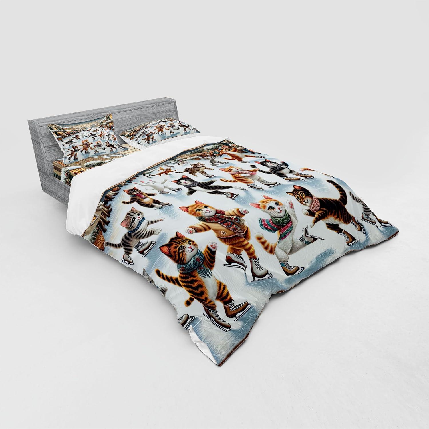 imageAmbesonne Cat Bedding Set Romantic Date Night of Kitties Drinking Milkshake Cozy Night Scene Valentines 4 Piece Duvet Cover Set with Shams and Fitted Sheet Queen Size Dark Blue ApricotOrange Brown Pale Blue