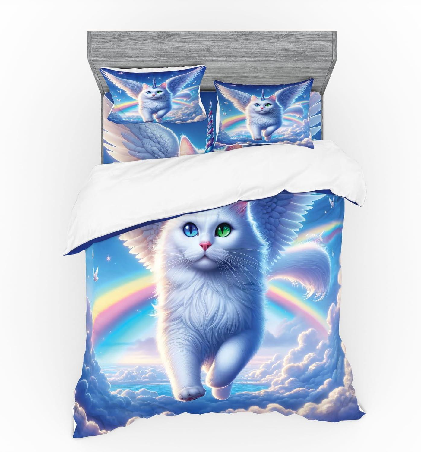imageAmbesonne Cat Bedding Set Romantic Date Night of Kitties Drinking Milkshake Cozy Night Scene Valentines 4 Piece Duvet Cover Set with Shams and Fitted Sheet Queen Size Dark Blue ApricotAzure Blue Pale Pink