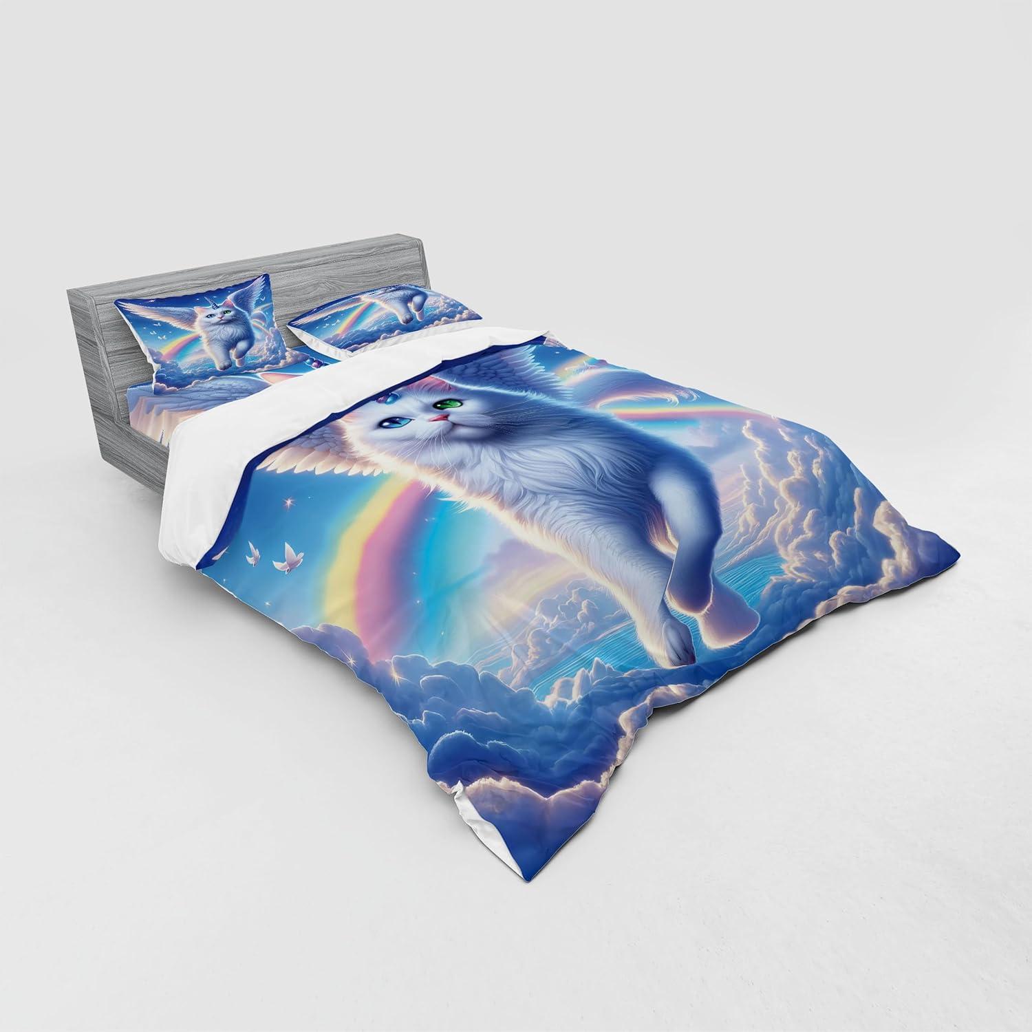 imageAmbesonne Cat Bedding Set Romantic Date Night of Kitties Drinking Milkshake Cozy Night Scene Valentines 4 Piece Duvet Cover Set with Shams and Fitted Sheet Queen Size Dark Blue ApricotAzure Blue Pale Pink