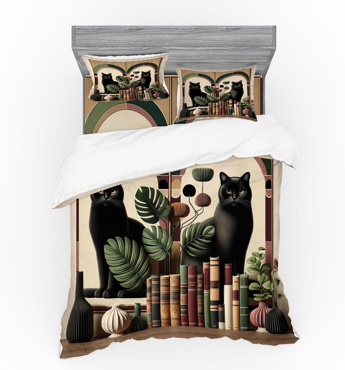 imageAmbesonne Cat Bedding Set Romantic Date Night of Kitties Drinking Milkshake Cozy Night Scene Valentines 4 Piece Duvet Cover Set with Shams and Fitted Sheet Queen Size Dark Blue ApricotSand Brown Maroon Green