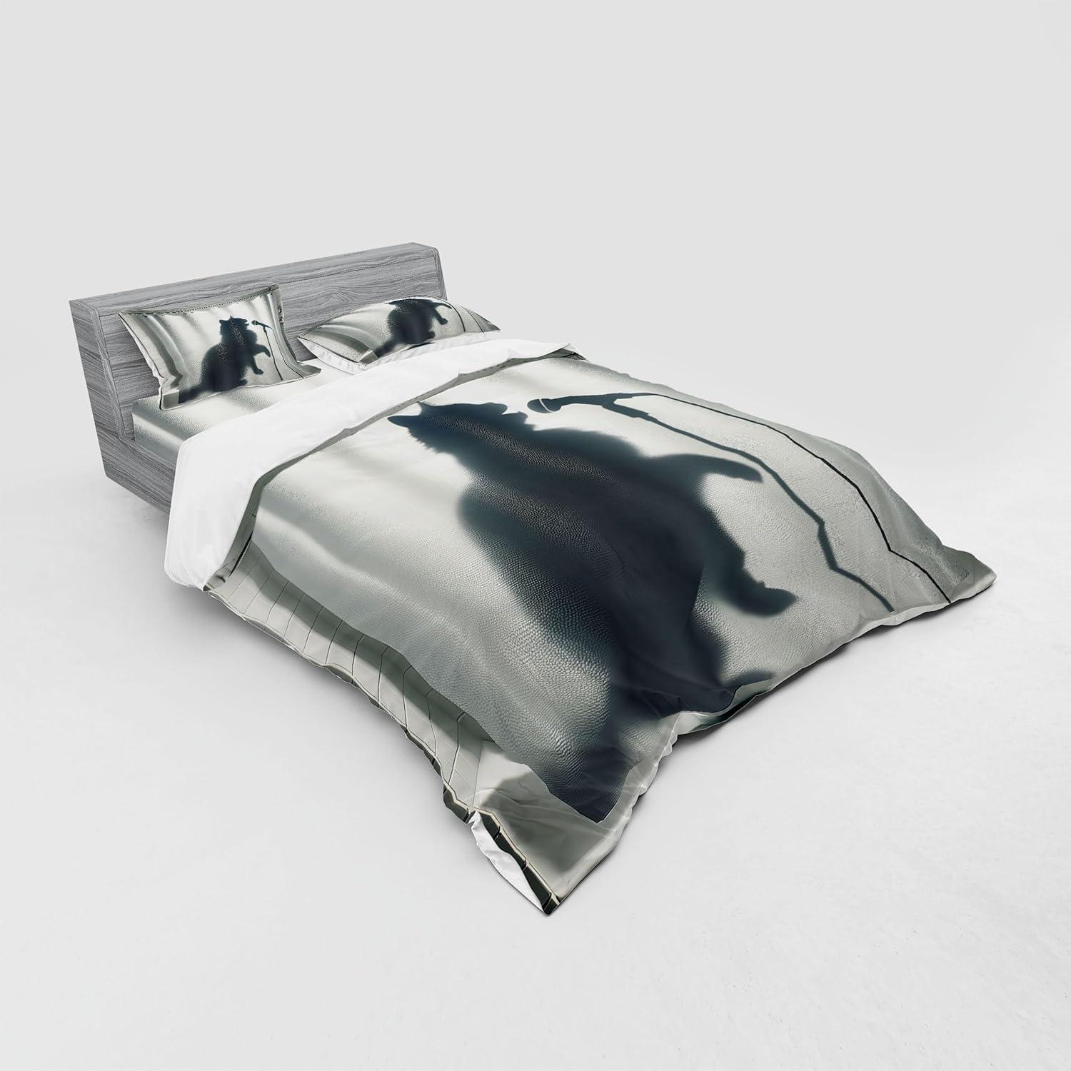 imageAmbesonne Cat Bedding Set Romantic Date Night of Kitties Drinking Milkshake Cozy Night Scene Valentines 4 Piece Duvet Cover Set with Shams and Fitted Sheet Queen Size Dark Blue ApricotDark Blue Grey Off White