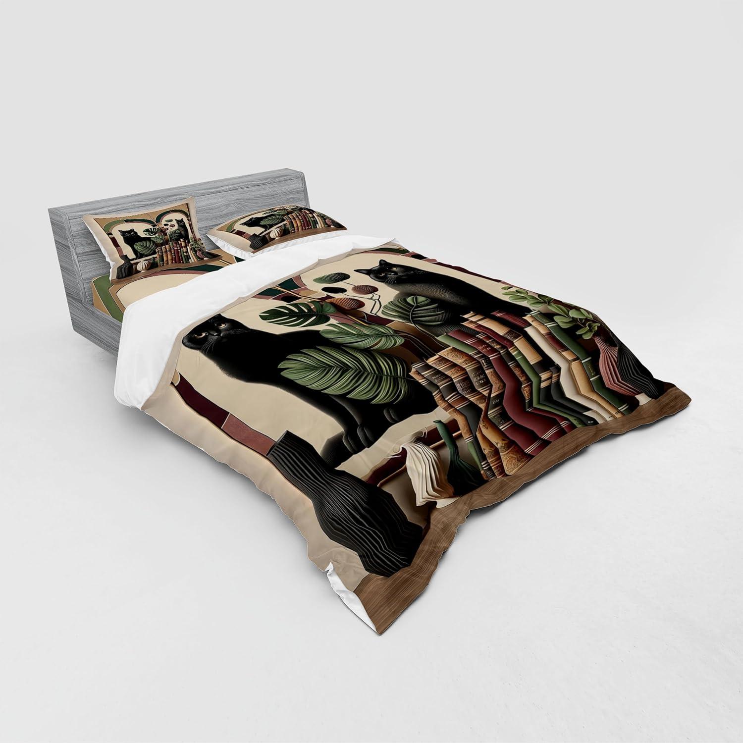 imageAmbesonne Cat Bedding Set Romantic Date Night of Kitties Drinking Milkshake Cozy Night Scene Valentines 4 Piece Duvet Cover Set with Shams and Fitted Sheet Queen Size Dark Blue ApricotSand Brown Maroon Green