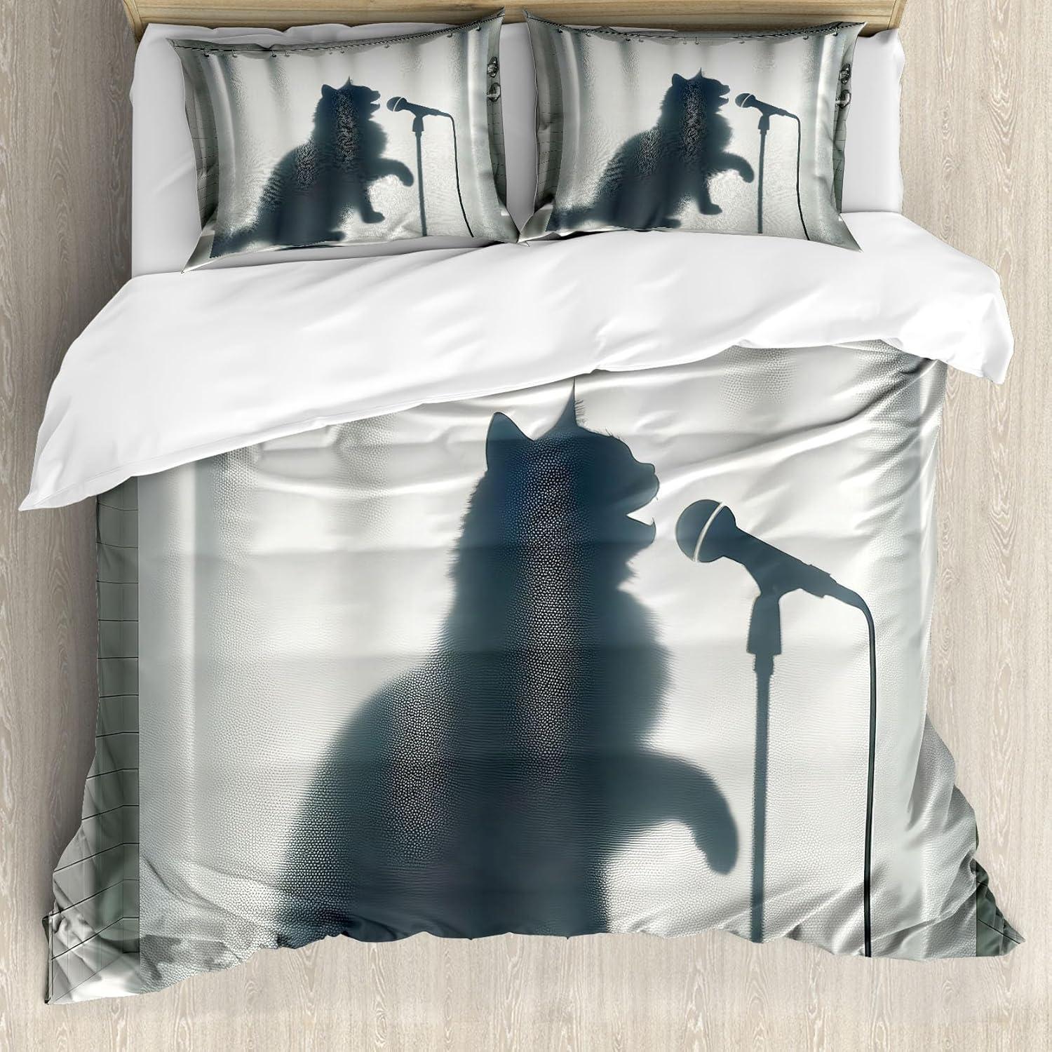 imageAmbesonne Cat Duvet Cover Set Romantic Date Night of Kitties Drinking Milkshake Cozy Night Scene Valentines Decorative 3 Piece Bedding Set with 2 Pillow Shams California King Dark Blue ApricotDark Blue Grey Off White