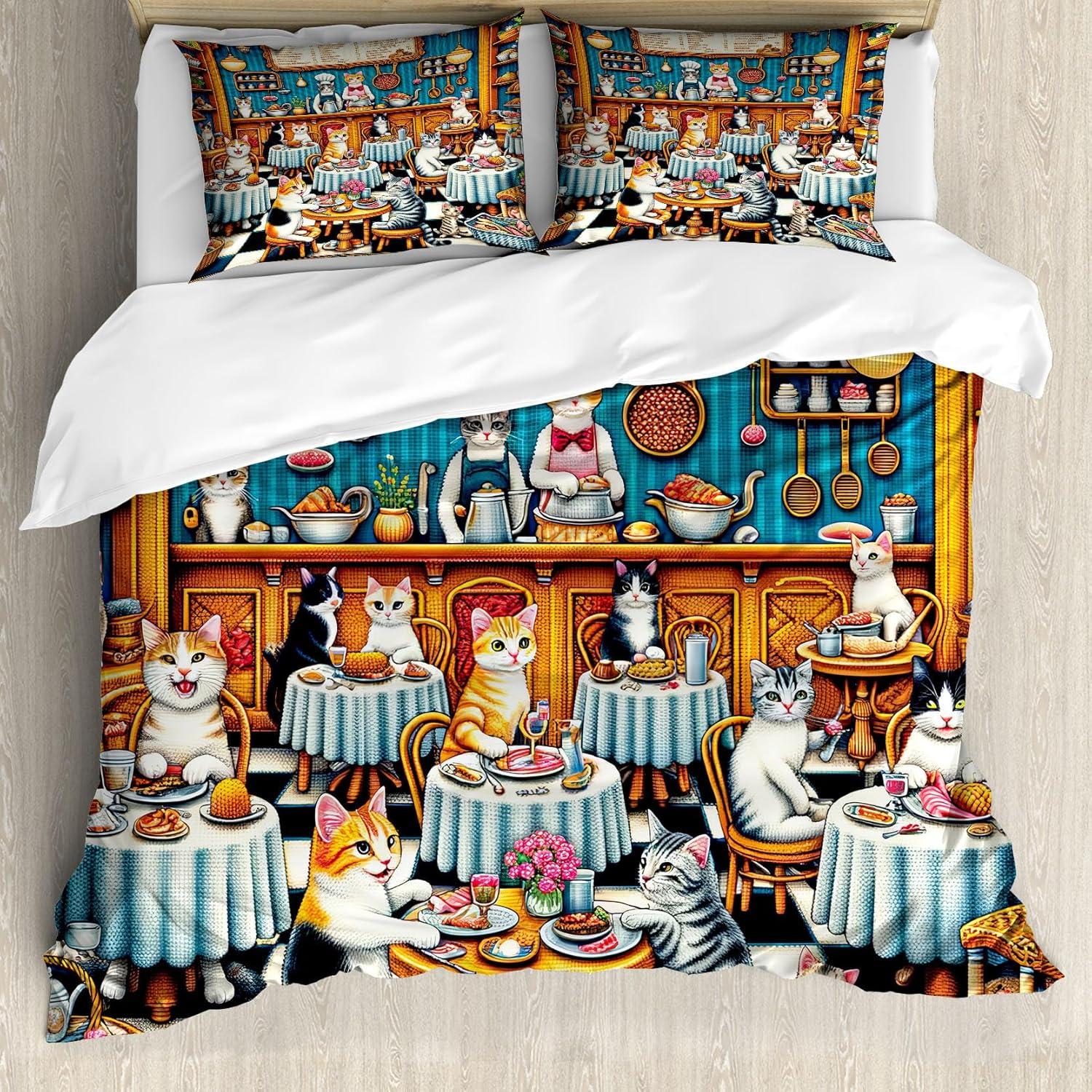imageAmbesonne Cat Duvet Cover Set Romantic Date Night of Kitties Drinking Milkshake Cozy Night Scene Valentines Decorative 3 Piece Bedding Set with 2 Pillow Shams California King Dark Blue ApricotSea Blue and Marigold