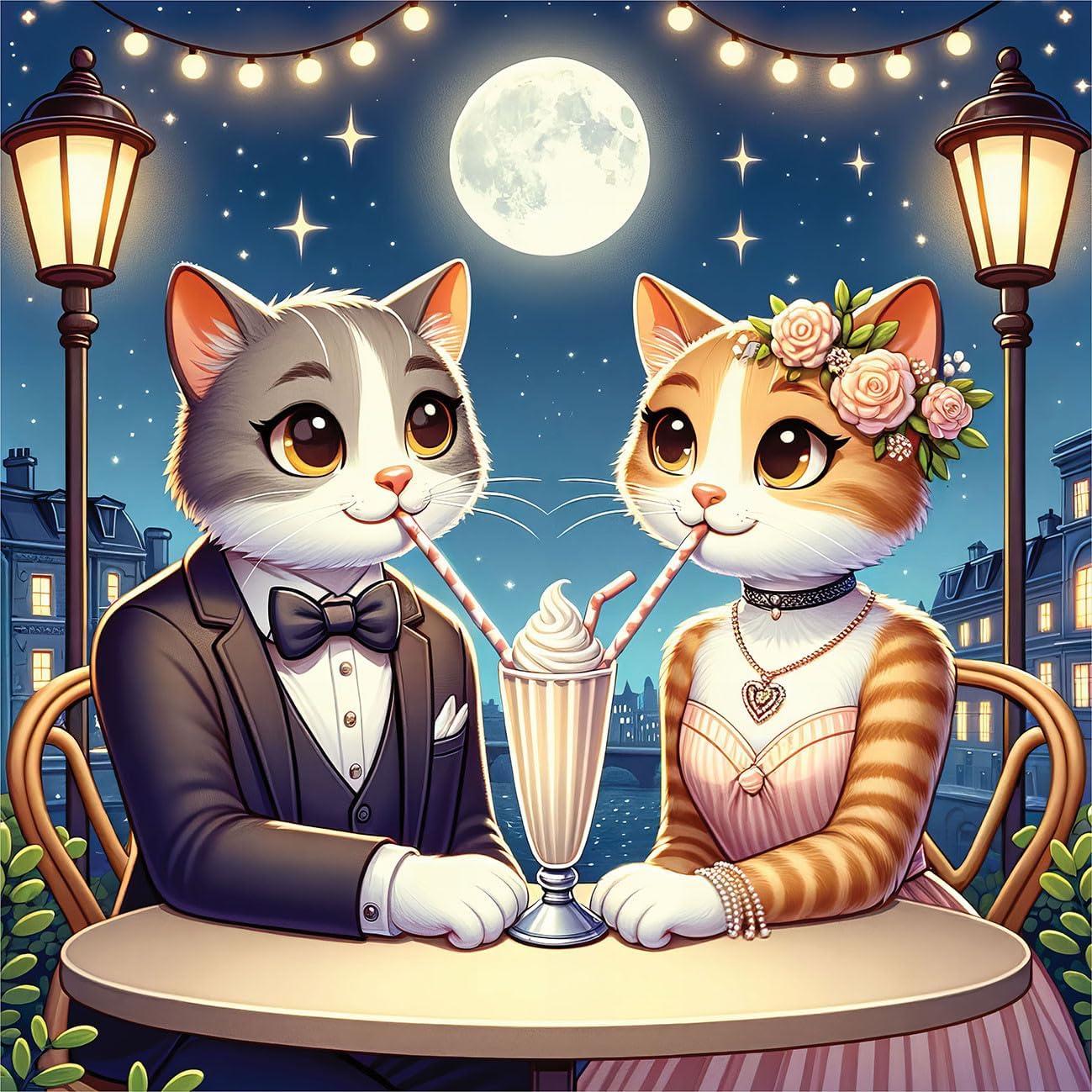 imageAmbesonne Cat Duvet Cover Set Romantic Date Night of Kitties Drinking Milkshake Cozy Night Scene Valentines Decorative 3 Piece Bedding Set with 2 Pillow Shams California King Dark Blue ApricotDark Blue Apricot