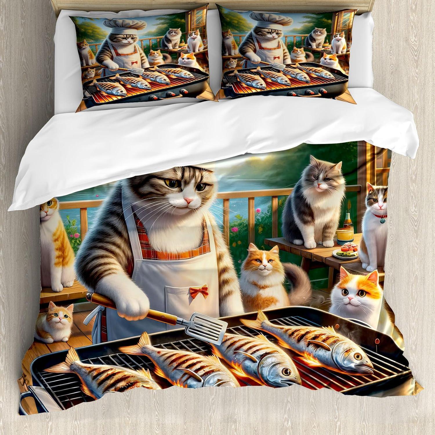 imageAmbesonne Cat Duvet Cover Set Romantic Date Night of Kitties Drinking Milkshake Cozy Night Scene Valentines Decorative 3 Piece Bedding Set with 2 Pillow Shams California King Dark Blue ApricotGreen Orange