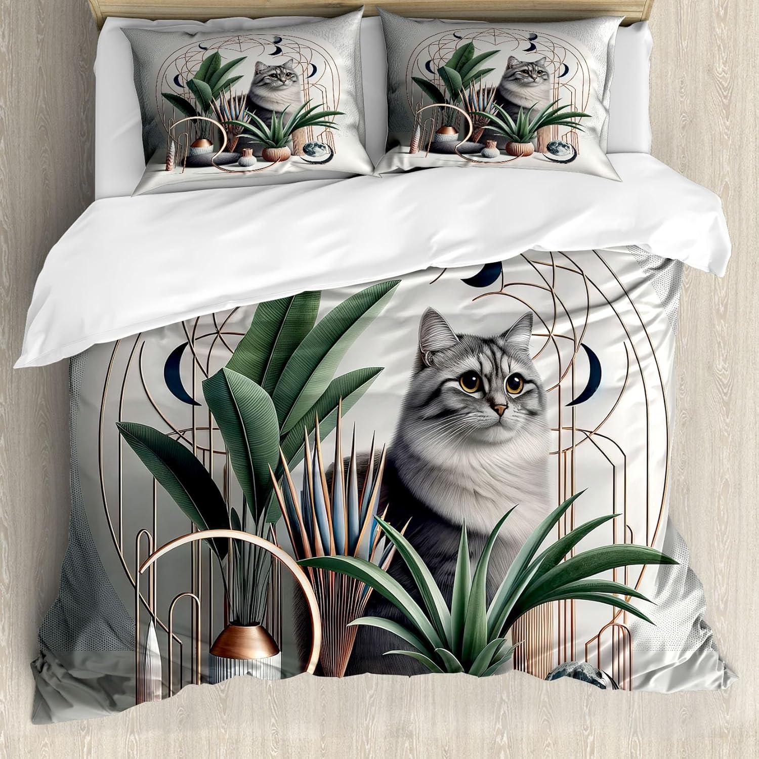 imageAmbesonne Cat Duvet Cover Set Romantic Date Night of Kitties Drinking Milkshake Cozy Night Scene Valentines Decorative 3 Piece Bedding Set with 2 Pillow Shams California King Dark Blue ApricotGrey Green Pale Rust