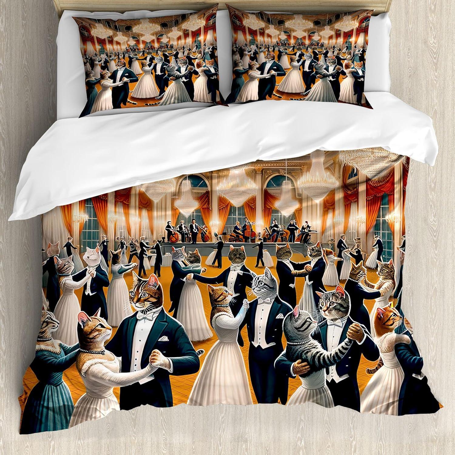 imageAmbesonne Cat Duvet Cover Set Romantic Date Night of Kitties Drinking Milkshake Cozy Night Scene Valentines Decorative 3 Piece Bedding Set with 2 Pillow Shams California King Dark Blue ApricotPetrol Blue and Orange