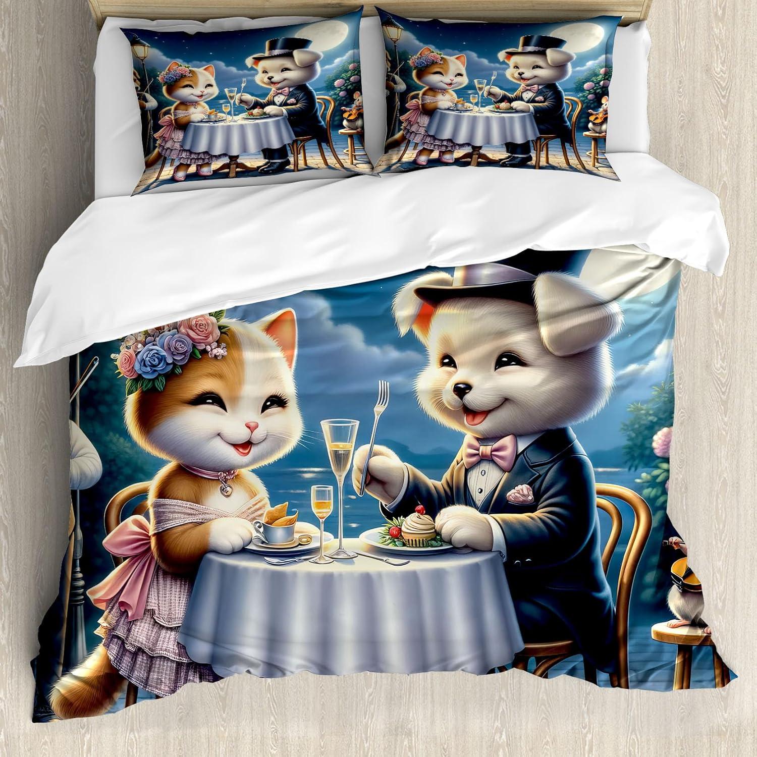 imageAmbesonne Cat Duvet Cover Set Romantic Date Night of Kitties Drinking Milkshake Cozy Night Scene Valentines Decorative 3 Piece Bedding Set with 2 Pillow Shams California King Dark Blue ApricotNight Blue Rose Apricot